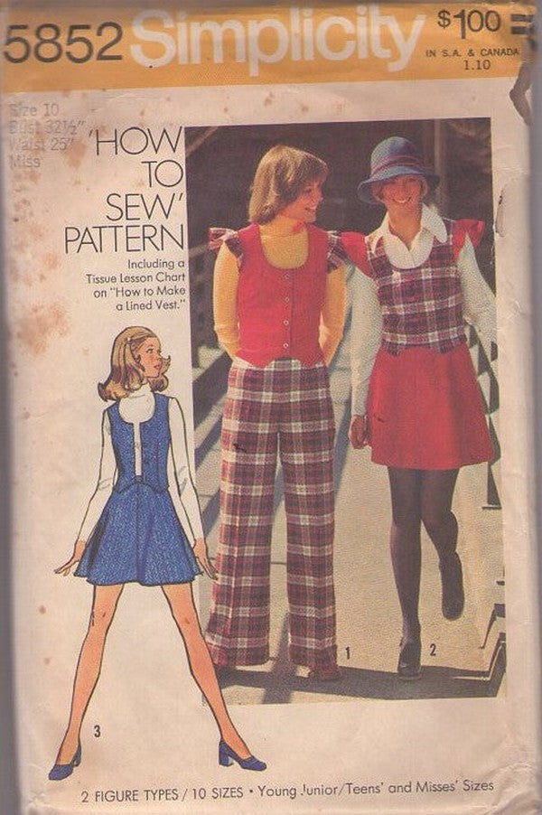 Simplicity 5852 Vintage 70's Sewing Pattern Vest Suit Set, Easy How to Sew, Scoop Neck Flutter Sleeve Weskit Vest, Flared Mini Skirt, Cuffed Pants Size 10