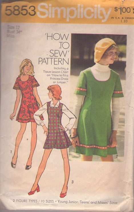 Simplicity 5853 Vintage 70's Sewing Pattern Easy Jumpers, How To Sew Twiggy Mod Micro Mini Princess Seams Dress, Jumper Size 12