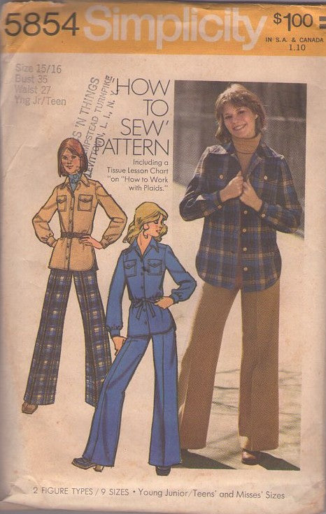 Simplicity 5854 Vintage 70's Sewing Pattern Easy Casual Separates, How to Sew, Tomboy Safari Pockets Shirt Jacket, Pants Size 10