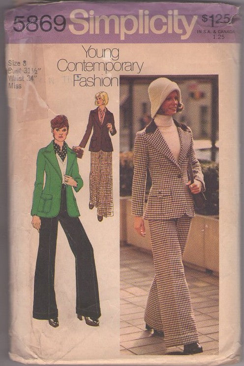Simplicity 5869 Vintage 70's Sewing Pattern Annie Hall Suit, Disco Wide Lapel Jacket, Wide Leg Pants, Size Petite 8