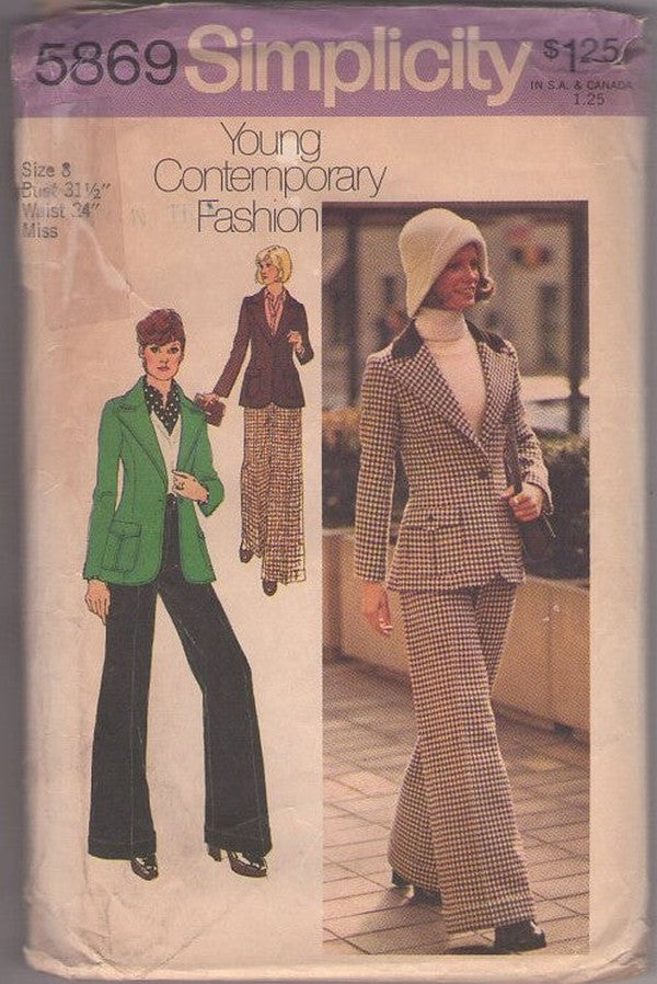 Simplicity 5869 Vintage 70's Sewing Pattern Annie Hall Suit, Disco Wide Lapel Jacket, Wide Leg Pants, Size Petite 8