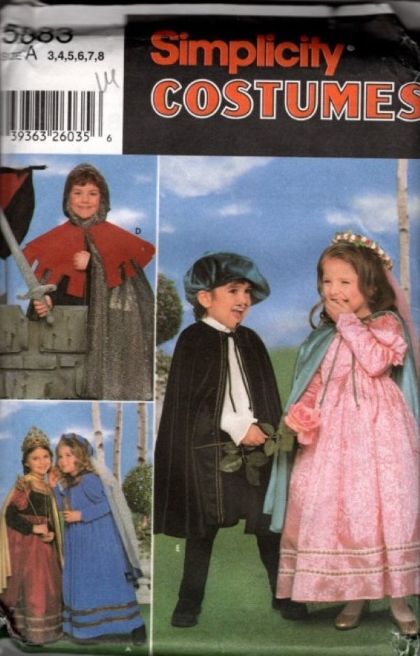 Simplicity 5883 Retro 2002 Sewing Pattern Boys' & Girls' Renaissance Fairy, Medieval Knight Halloween Costumes Size 3-8