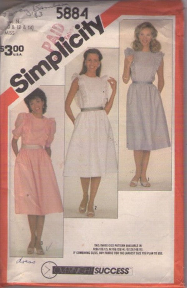 Simplicity 5884 Vintage 80's Sewing Pattern Prairie Dress, Overnight Success Flared Skirt with Pockets Ruffled Flange Trim Secretary Dress 3 Styles Size 10-14