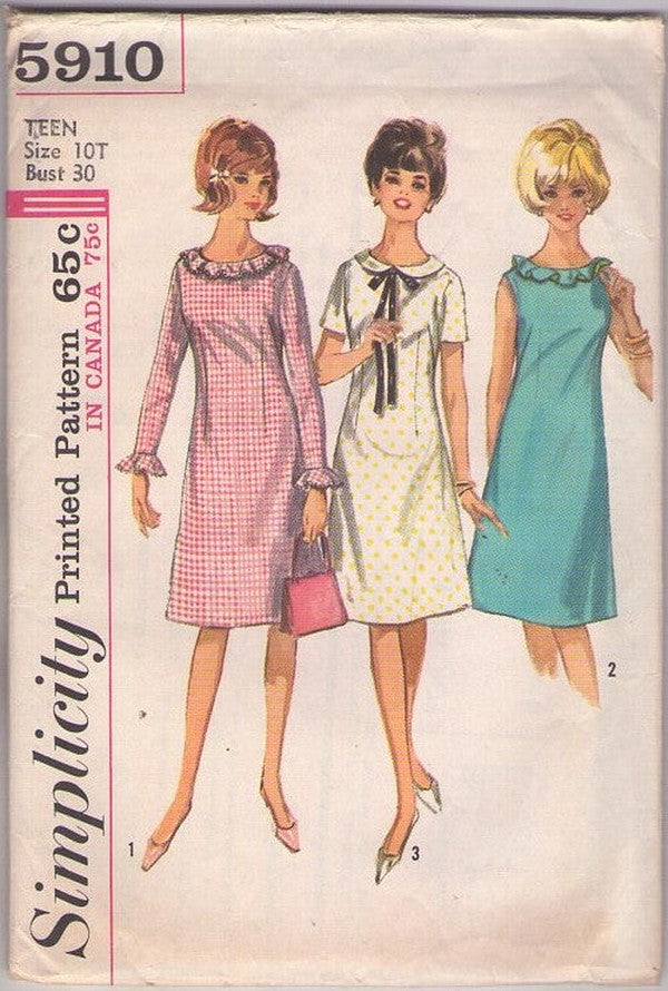 Simplicity 5910 Vintage 60's Sewing Pattern Mod Dress, Petite, Dart Fitted, Ruffle, A-Line 3 Styles Size 10T