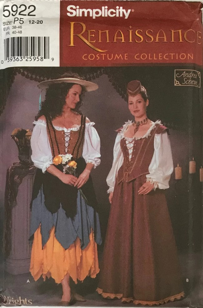 Simplicity 5922 Retro Costume Sewing Pattern Cosplay Costumes, Renaissance Gypsy Peasant, Medieval Ren Fest Bar Wench, Blouse, Petal Skirt, Corset Top 12-20