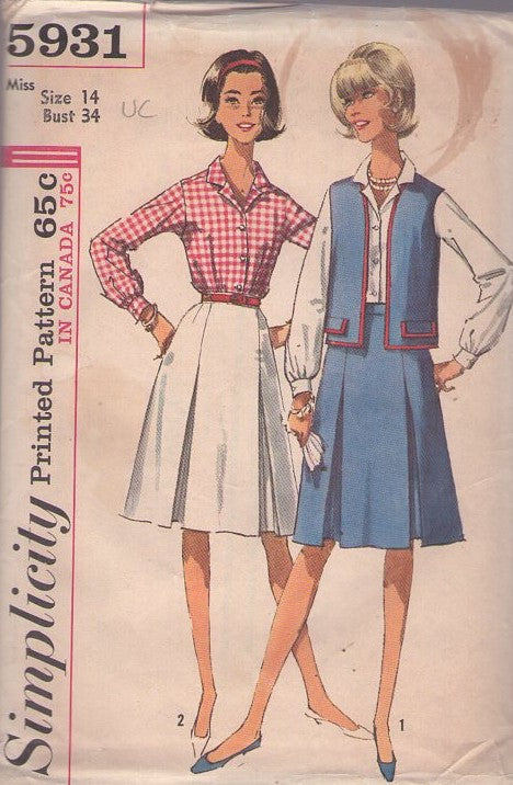 Simplicity 5931 Vintage 60's Sewing Pattern Mod Separates, Mad Men, Housewife, Daytime Blouse, Inverted Pleats Skirt, Sleeveless Vest Jacket Size 14