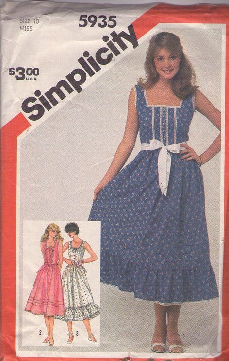 Simplicity 5935 Vintage 80's Sewing Pattern Prairie Dress, Gunne Sax Style, Square Neckline, Ruffle Flounce, 3 Styles Size 10