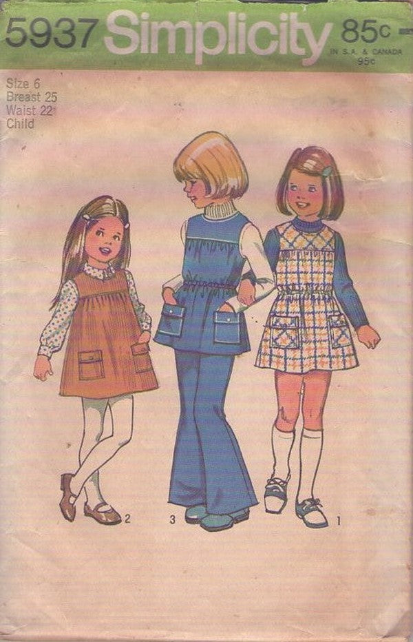 Simplicity 5937 Vintage 70's Sewing Pattern Girl's Separates, Mod Brady Bunch Styles, Mini Dress, Tunic Top Blouse, Flared Bell Bottoms Pants Size 6