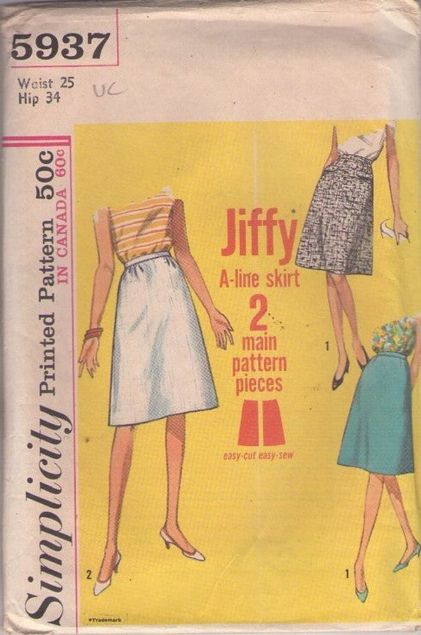 Simplicity 5937 Vintage 60's Sewing Pattern Jiffy Skirts, Basic A-Line Every Day Skirt Waist 25 Size S