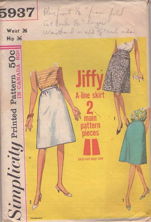 Simplicity 5937 Vintage 60's Sewing Pattern Jiffy Skirts, Basic A-Line Every Day Skirt Waist 26 Size M