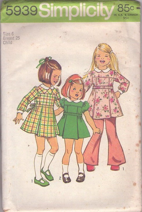 Simplicity 5939 Vintage 70's Sewing Pattern Girl's Panel Front Dress, Bell Bottoms Pants, Mod Size 6