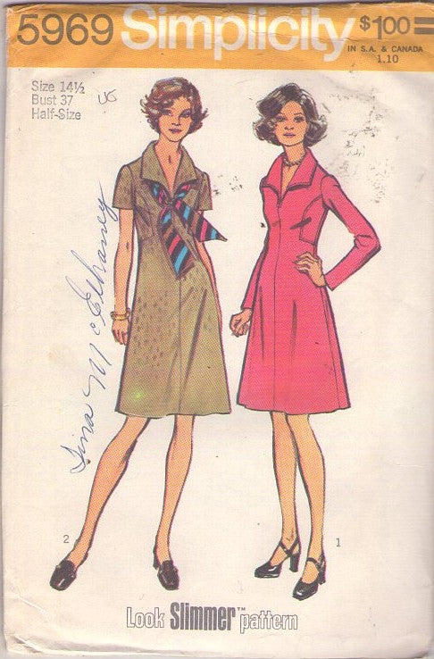 Simplicity 5969 Vintage 70's Sewing Pattern Secretary Dress, Look Slimmer Disco Era Secretary Seam Interest Fit & Flared Dresses, 2 Styles Size 14.5