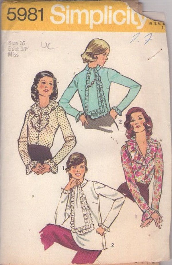 Simplicity 5981 Vintage 70's Sewing Pattern Disco Blouses, Partridge Family Ruffled Ascot Front Blouse Set 2 Styles Size 16