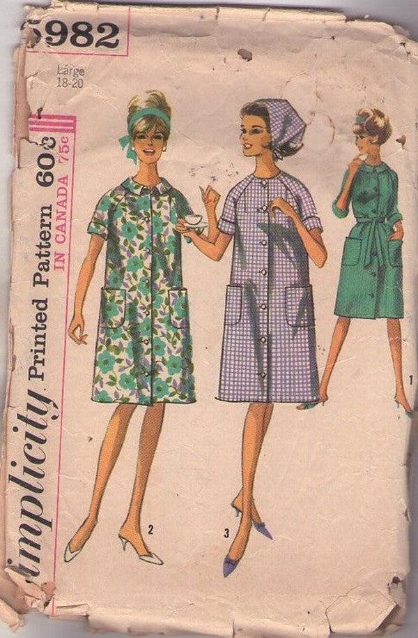 Simplicity 5982 Vintage 60's Sewing Pattern Mod Housewife House Dress, Duster Robe, Front Buttons, Pockets Size L 18-20
