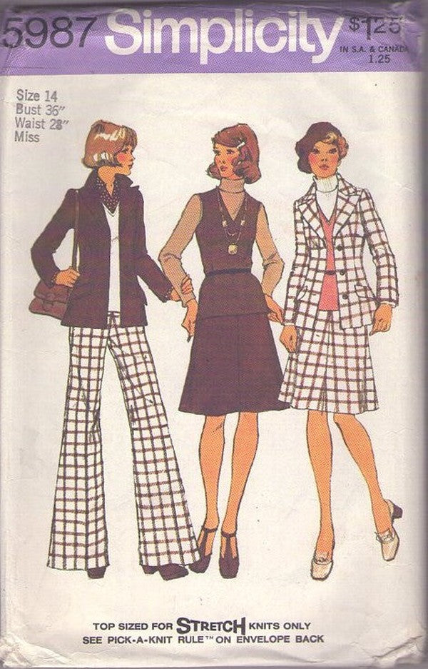 Simplicity 5987 Vintage 70's Sewing Pattern Secretary Separates, Fitted Wide Lapels Blazer Suit Jacket, Turtle Neck & V Neck Top, Shirt, A-Line skirt & Wide Leg Trousers Size 14