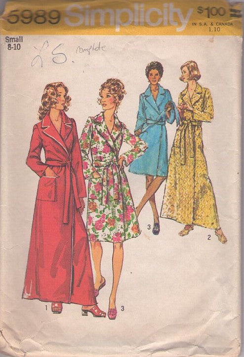 Simplicity 5989 Vintage 70's Sewing Pattern Classic Robes, Comfortable Wrap Around & Tie Robe, Housecoat, Dressing Gown Set 3 Styles Size S CUT