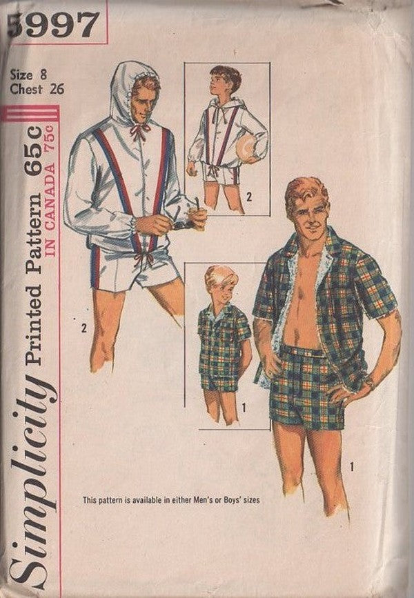 Simplicity 5997 Vintage 60's Sewing Pattern Boys' Swimwear, Retro Rockabilly VLV Swimsuit, Swimming Trunks Bathing Suit, Hooded Shirt Jacket Size 8
