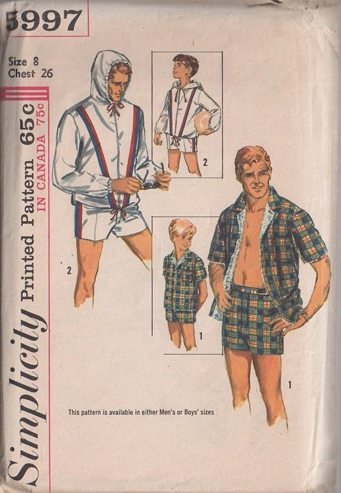 Simplicity 5997 Vintage 60's Sewing Pattern Boys' Swimwear, Retro Rockabilly VLV Swimsuit, Swimming Trunks Bathing Suit, Hooded Shirt Jacket Size 8