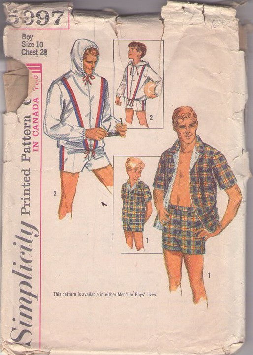 Simplicity 5997 Vintage 60's Sewing Pattern Boys' Swimwear, Retro Rockabilly VLV Swimsuit, Swimming Trunks Bathing Suit, Hooded Shirt Jacket Size 10