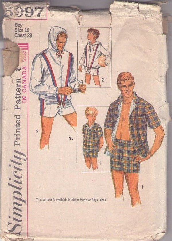 Simplicity 5997 Vintage 60's Sewing Pattern Boys' Swimwear, Retro Rockabilly VLV Swimsuit, Swimming Trunks Bathing Suit, Hooded Shirt Jacket Size 10