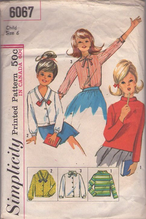 Simplicity 6067 Vintage 60's Sewing Pattern Girl's Blouses, Modest School Days Blouse & Top Set, Collar, Sleeve, Waist Options 3 Styles Size 6