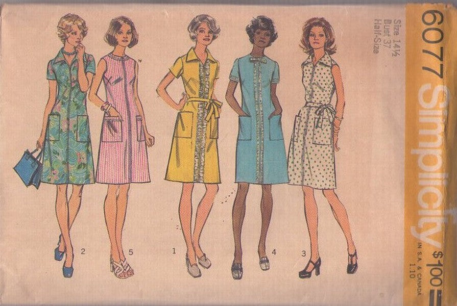 Simplicity 6077 Vintage 70's Sewing Pattern Plus Size Dress Set, Mod Mad Men Front Zipper Fit & Flared Day Dress, House Dress 5 Styles Size 14.5