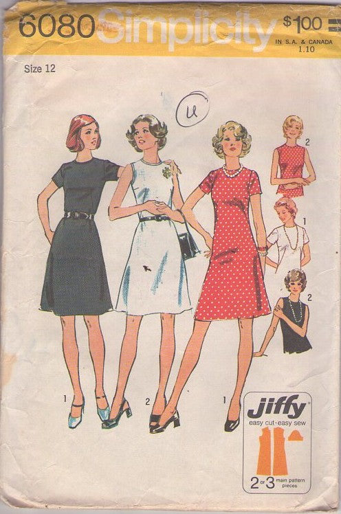 Simplicity 6080 Vintage 70's Sewing Pattern Mod Dress, Secretary Easy Jiffy Dart Fitted Flared Day Dress, 2 Styles Size 12
