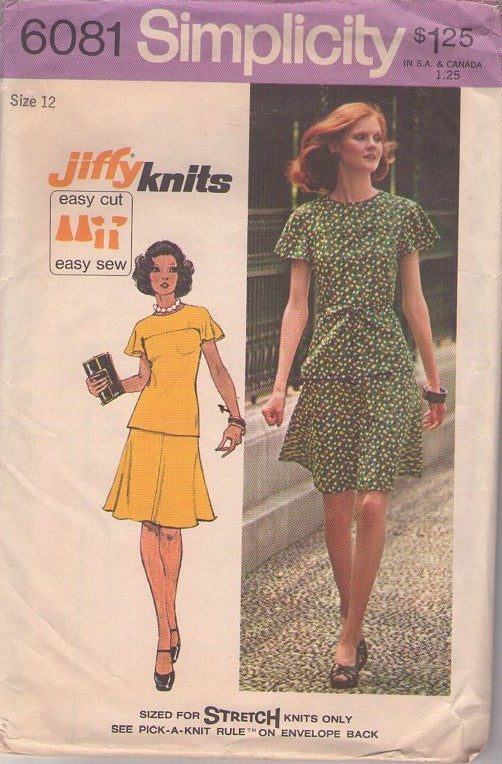 Simplicity 6081 Vintage 70's Sewing Pattern Easy Dresses, Jiffy Knits Office Secretary Flutter Sleeve Yoke Top, Flared Skirt, 2 Piece Dress Size 12