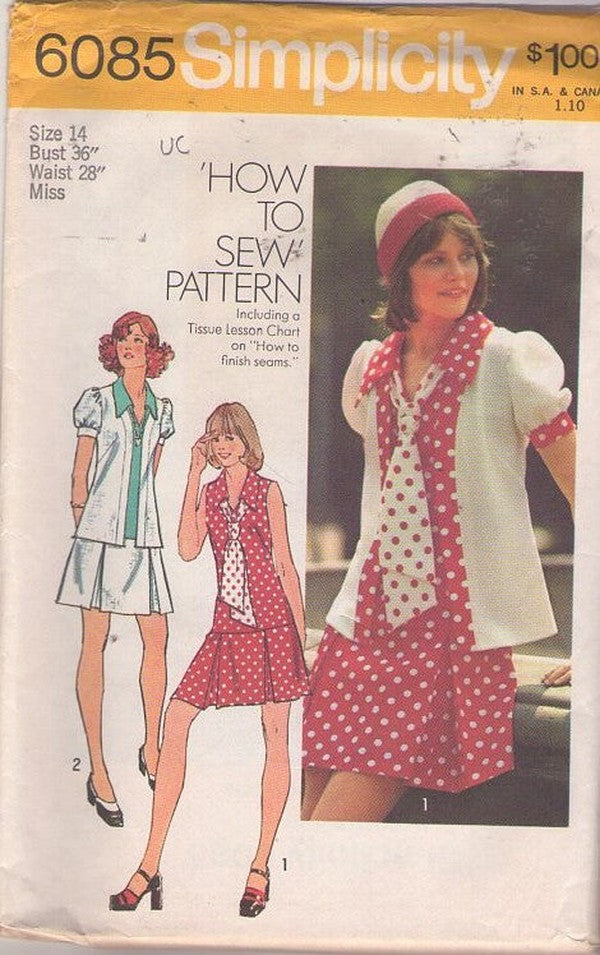 Simplicity 6085 Vintage 70's Sewing Pattern Mod Separates, Easy How to Sew Disco Secretary Twiggy Drop Waist Pleated Skirt Mini Dress, Puff Sleeve Jacket Top & Tie Size 14
