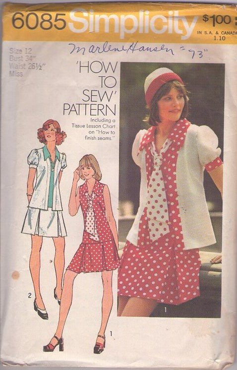 Simplicity 6085 Vintage 70's Sewing Pattern Mod Separates, Easy How to Sew Disco Secretary Twiggy Drop Waist Pleated Skirt Mini Dress, Puff Sleeve Jacket Top & Tie Size 12