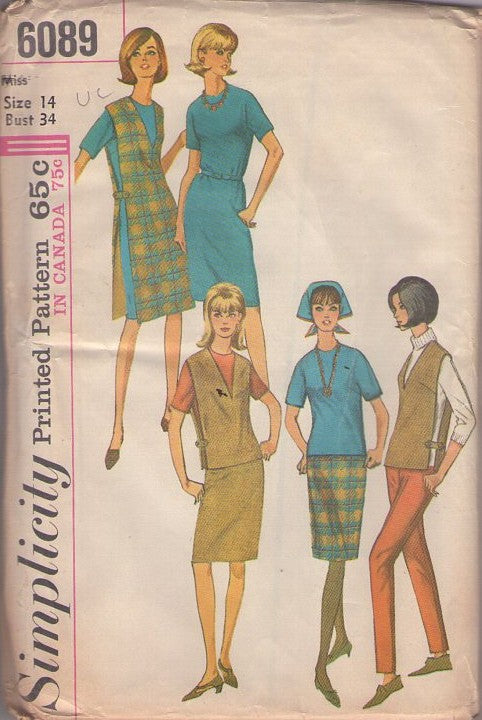 Simplicity 6089 Vintage 60's Sewing Pattern Mod Separates, Gidget Sheath Dress, Open Sides Sandwich Board Jumper, Vest, Slim Skirt & Slacks Size 14