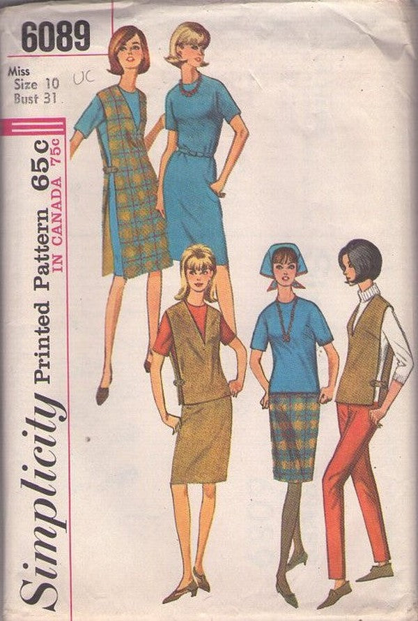 Simplicity 6089 Vintage 60's Sewing Pattern Mod Separates, Gidget Sheath Dress, Open Sides Sandwich Board Jumper, Vest, Slim Skirt & Slacks Size 10