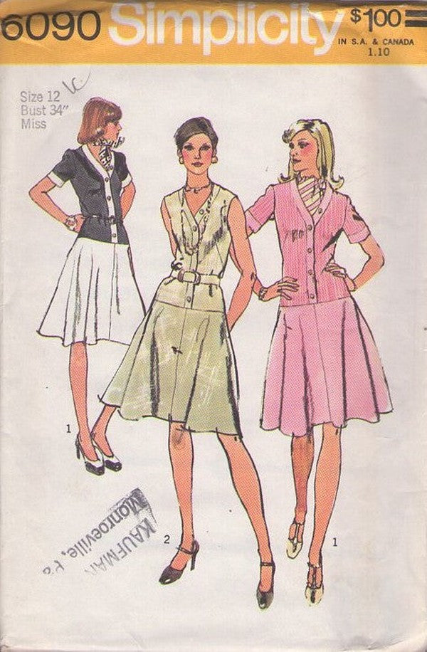 Simplicity 6090 Vintage 70's Sewing Pattern Secretary Dress, 1 Piece Dress, 2 Piece Look Step In Flared Skirt, Button Band Bodice Size 12