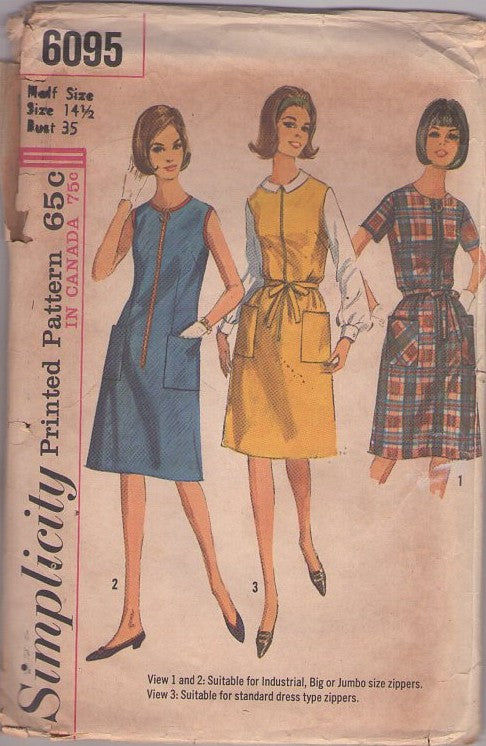 Simplicity 6095 Vintage 60's Sewing Pattern Mod Dress Set, Housewife, Jumbo Zipper Front House Dress, Day Dress, Jumper Size 14.5