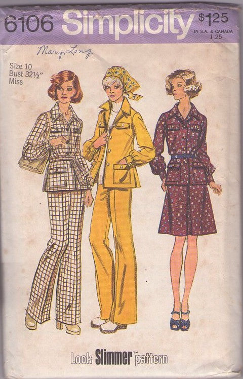 Simplicity 6106 Vintage 70's Sewing Pattern Pantsuit Separates, Look Slimmer Casual Secretary Shirt Jacket, Blouse, Skirt & Pants Size 10 CUT