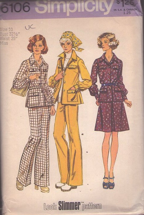 Simplicity 6106 Vintage 70's Sewing Pattern Pantsuit Separates, Look Slimmer Casual Secretary Shirt Jacket, Blouse, Skirt & Pants Size 10 UNCUT
