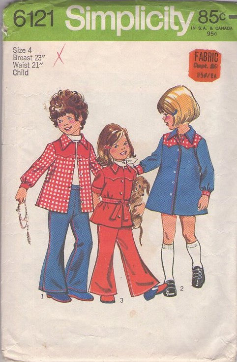 Simplicity 6121 Vintage 70's Sewing Pattern Girl's Separates, Western Yoked Blouse Top, Shirt, Button Front Dress, Bell Bottoms Pants Size 4
