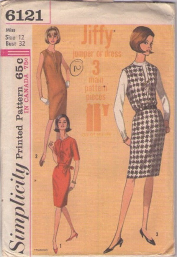 Simplicity 6121 Vintage 60's Sewing Pattern Easy Dress Set, Mod Secretary Jiffy Sheath Jumper, Dress 3 Main Pieces Size 12