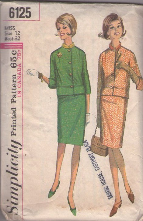Simplicity 6125 Vintage 60's Sewing Pattern Chanel Style Suit Dress, Jackie O Jacket Top, Slim Sheath Skirt Size 12