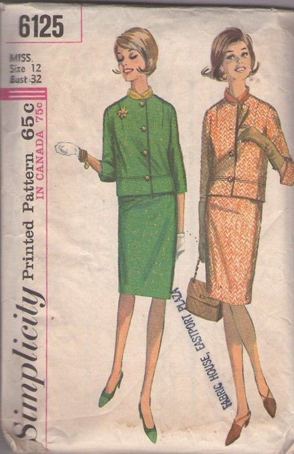 Simplicity 6125 Vintage 60's Sewing Pattern Chanel Style Suit Dress, Jackie O Jacket Top, Slim Sheath Skirt Size 12