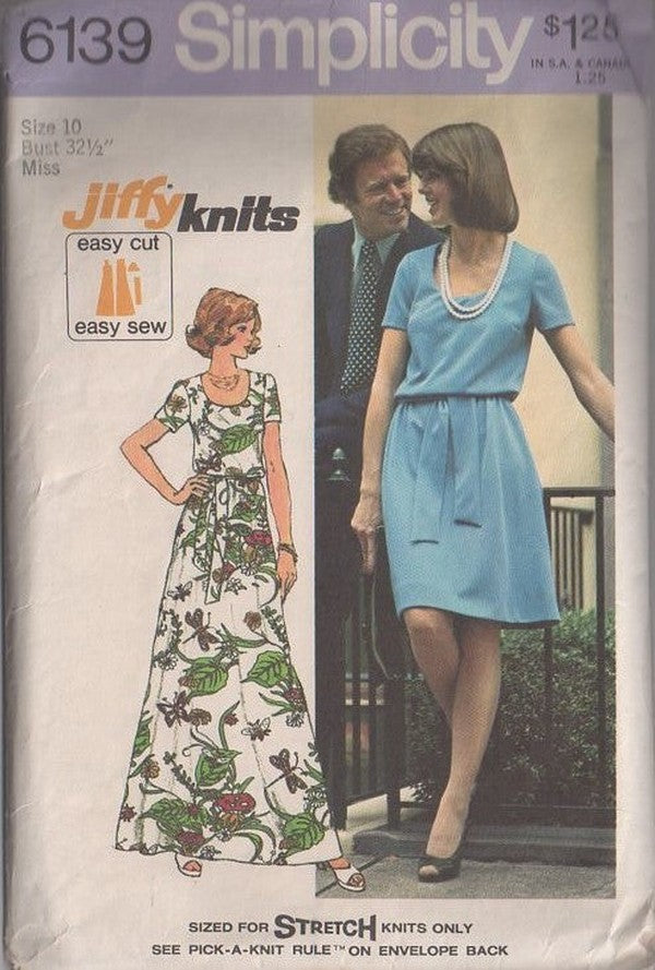 Simplicity 6139 Vintage 70's Sewing Pattern Jiffy Knits Dress, Scoop Neck Blouson Bloused Bodice Disco Era Day Dress, Hawaiian Maxi Gown, Tie Belt Size 10