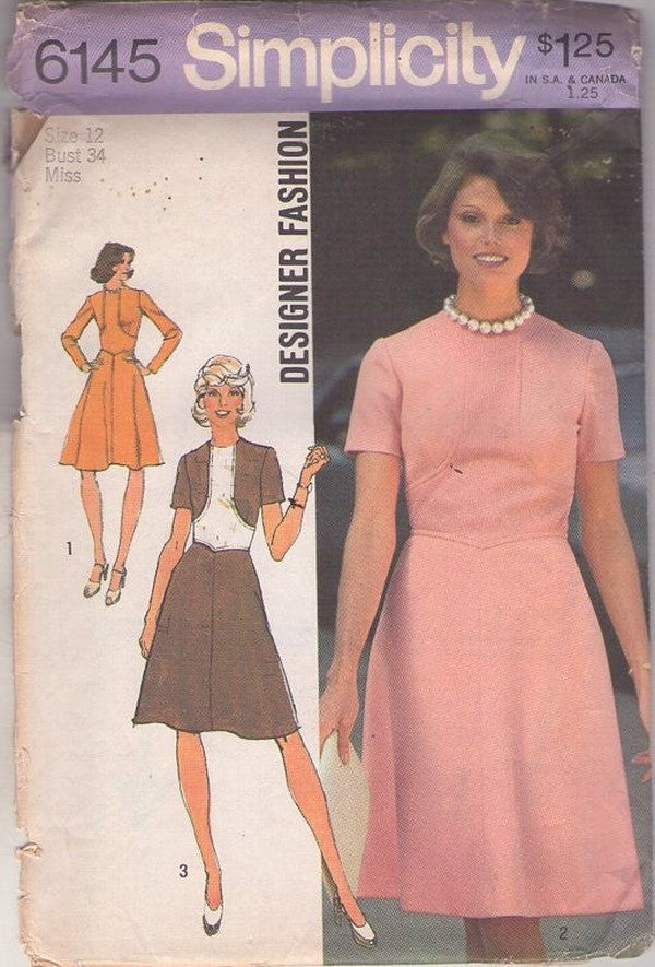 Simplicity 6145 Vintage 70's Sewing Pattern Mod Dress Set, Designer Fashion Shaped Contrast Front Panel Flared Skirt Secretary Dress Size 12