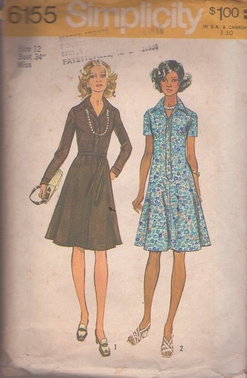 Simplicity 6155 Vintage 70's Sewing Pattern Mod Dress, Step In Button Band, Wide Collar Flared Skirt Secretary Dress, Tie Belt Size 12