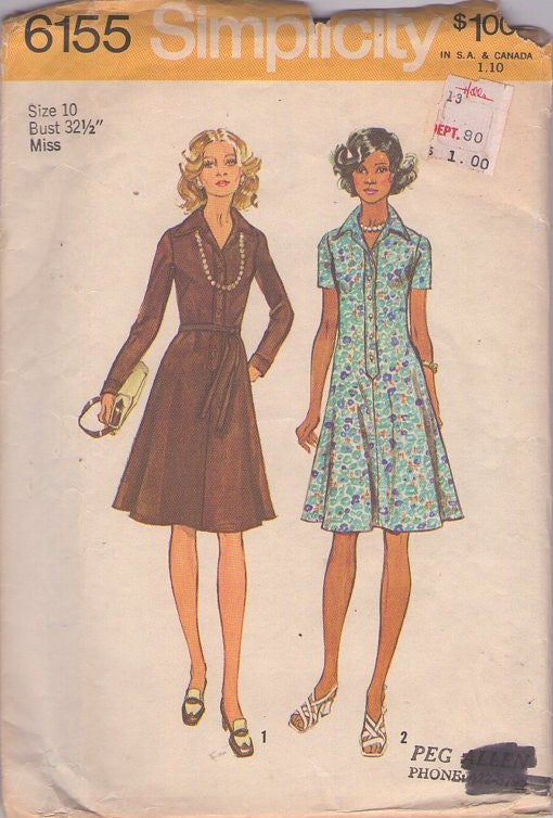 Simplicity 6155 Vintage 70's Sewing Pattern Mod Dress, Step In Button Band, Wide Collar Flared Skirt Secretary Dress, Tie Belt Size 10