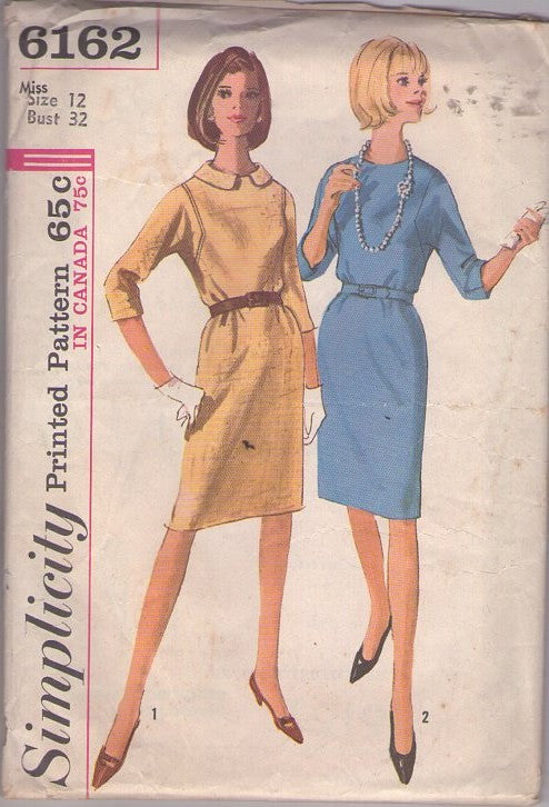 Simplicity 6162 Vintage 60's Sewing Pattern Secretary Dress, Mod Shaped Armhole Sheath, Pencil Skirt Dresses 2 Styles Size 12