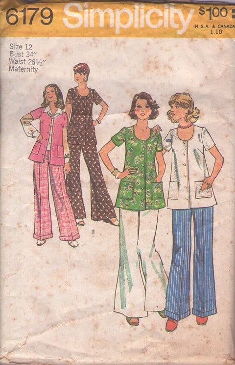 Simplicity 6179 Vintage 70's Sewing Pattern Mother To Be Separates, Mod Scoop Neck Button Front Top, Flared Bell Bottoms Pants Size 12