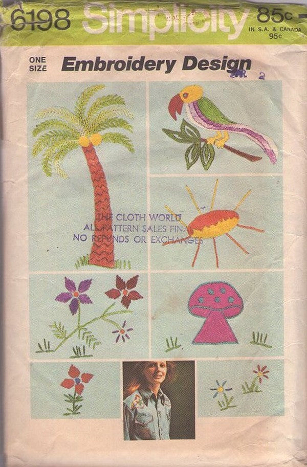 Simplicity 6198 Vintage 70's Sewing Pattern Tropical Crafts, Embroidery Design Transfer Sheet, Flowers, Mushroom, Parrot, Palm Tree, Sunshine CUT