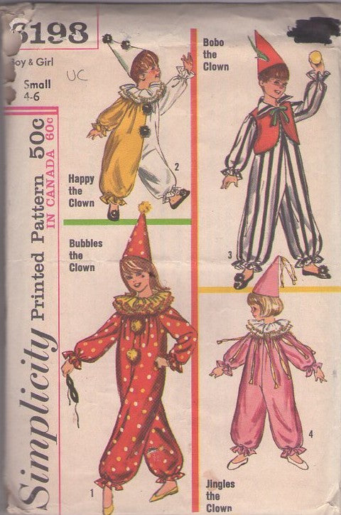 Simplicity 6198 Vintage 60's Sewing Pattern Clown Costumes, Circus Clown Jumpsuit, Ruff & Hat, Ringmaster Size S 4-6 UNCUT