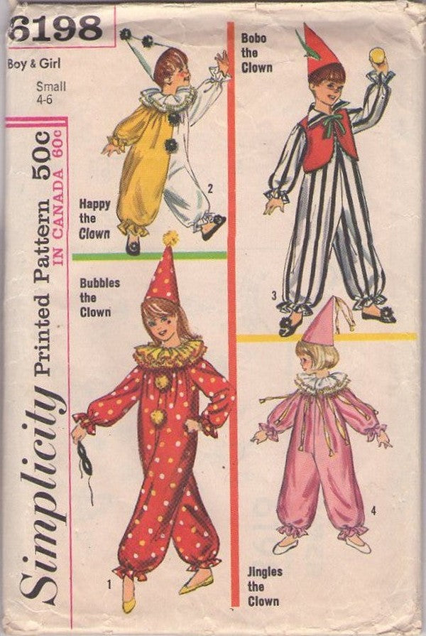 Simplicity 6198 Vintage 60's Sewing Pattern Clown Costumes, Circus Clown Jumpsuit, Ruff & Hat, Ringmaster Size S 4-6 CUT