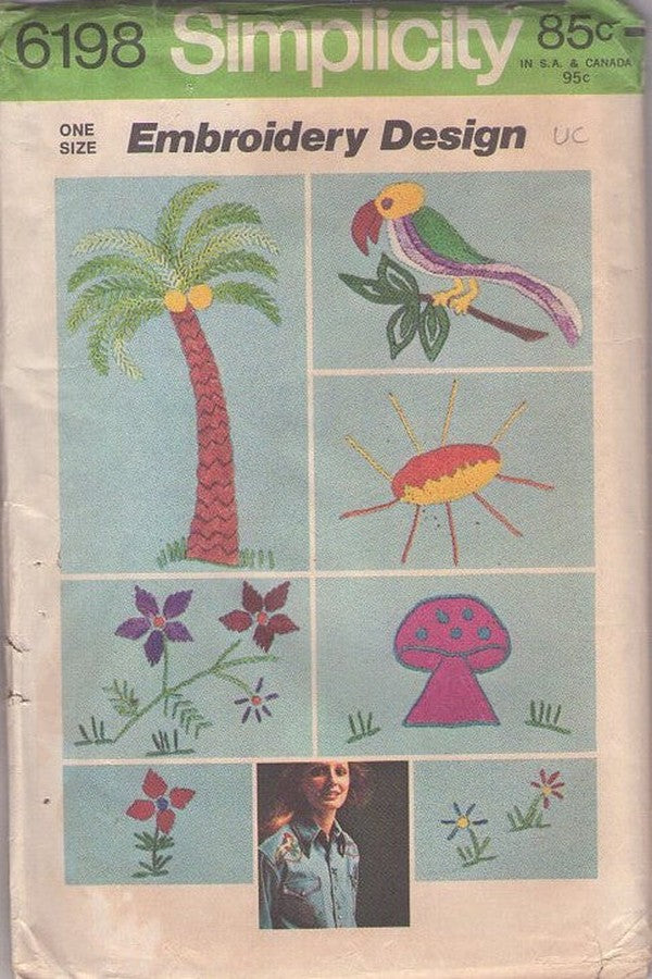 Simplicity 6198 Vintage 70's Sewing Pattern Tropical Crafts, Embroidery Design Transfer Sheet, Flowers, Mushroom, Parrot, Palm Tree, Sunshine UNCUT
